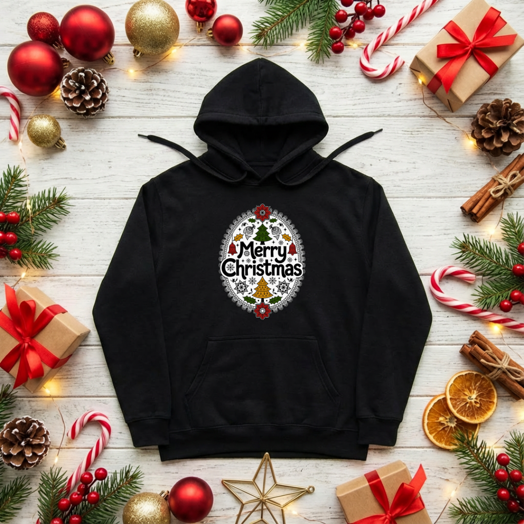 Black hoodie with Christmas design on a festive background with ornaments and presents.