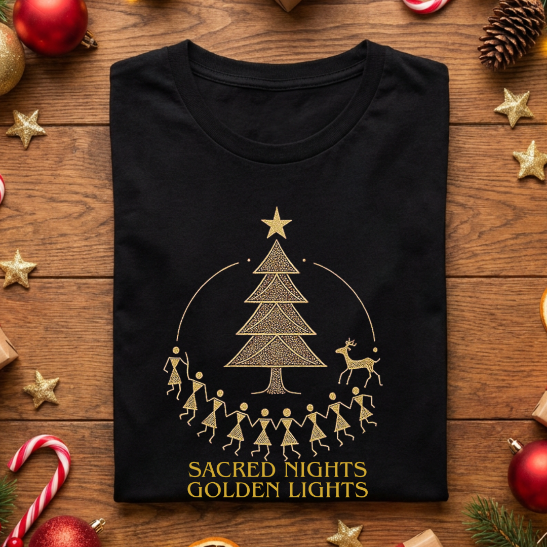 Black t-shirt with gold Christmas tree design and text on a wooden background with holiday decorations.