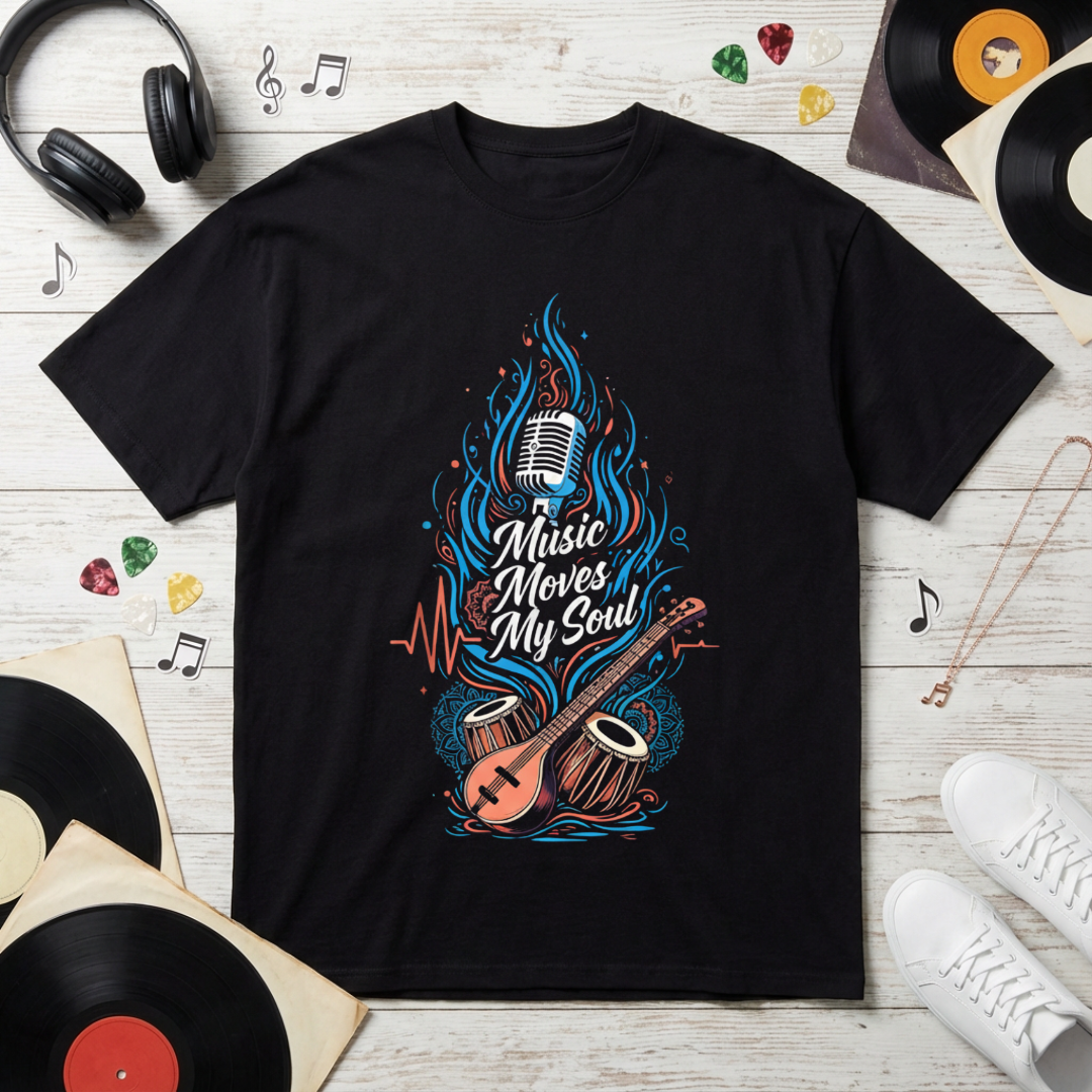 Black t-shirt with 'Music Moves My Soul' design on a wooden surface with music-themed items.